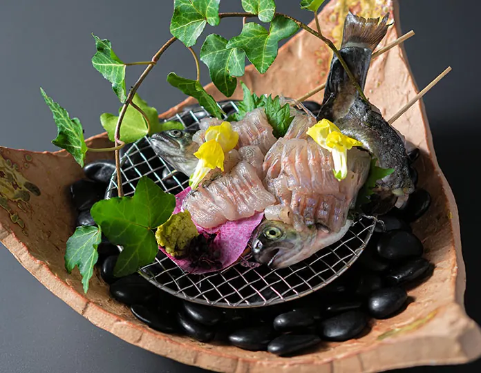 Whole char sashimi and rainbow trout sashimi