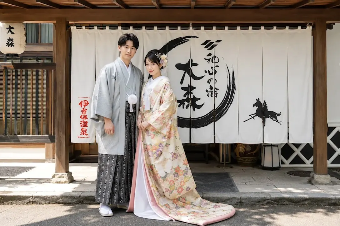 Bride and groom in colorful uchikake kimono before the inn’s noren