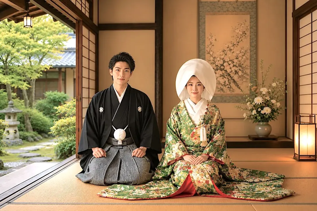 Wedding portrait in a tatami room at Ryokan Omori