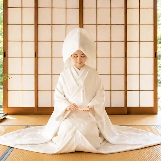 Bride in a white shiromuku in a Japanese room