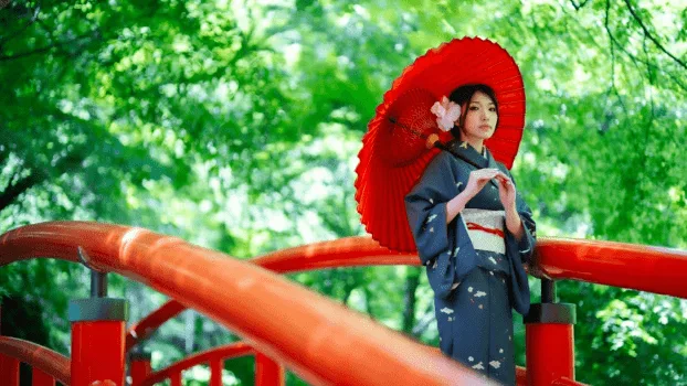 Kimono on the red bridge in Ikaho